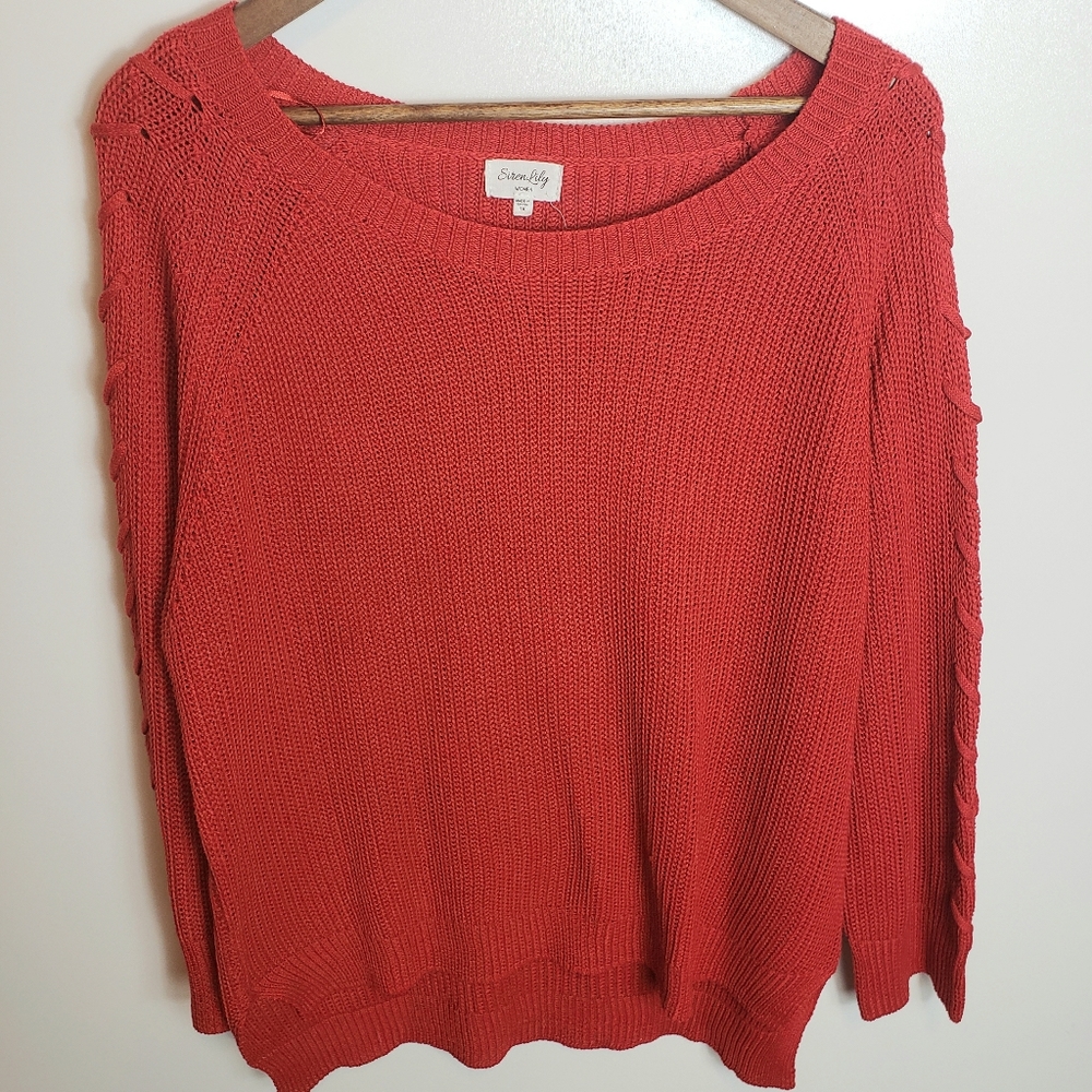 Siren Lily Red Orange Faux Lace Up Sleeve Sweater